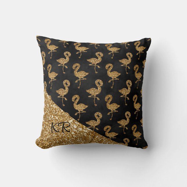 Almofada Elegante Dourado Flamingo Pattern Monograma (Frente)