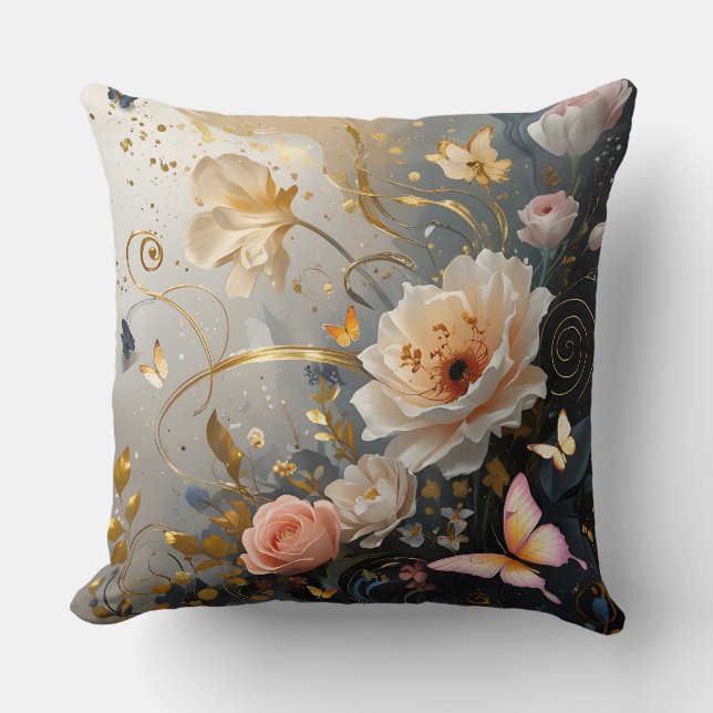 Almofada Elegante Dourado, rosa com flores jogadas (Frente)