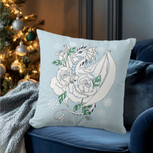Almofada Elegante Dragão de Gelo Branco Rosas Azuis Fantasi
