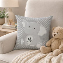 Elegante Elefante Monograma Cinza e Bolinhas Branc