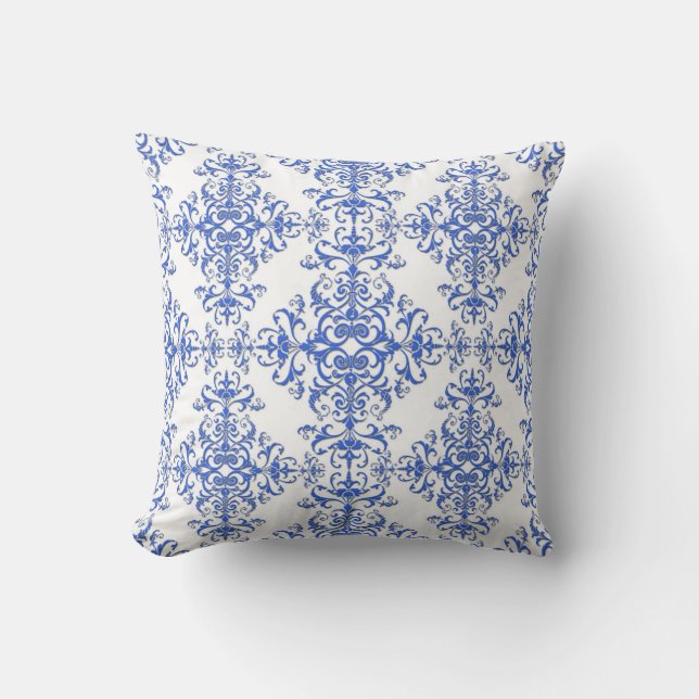 Almofada Elegante estilo damasco floral em azul cobalto e b (Frente)