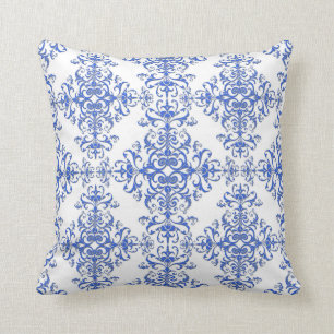 Almofada Elegante estilo damasco floral em azul cobalto e b