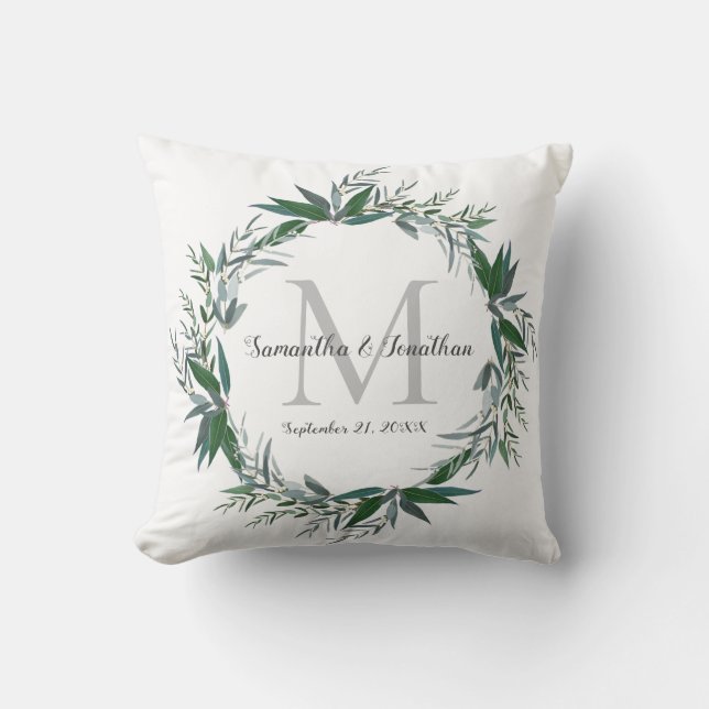 Almofada Elegante Eucalyptus Monograma — Casamento Branco (Frente)