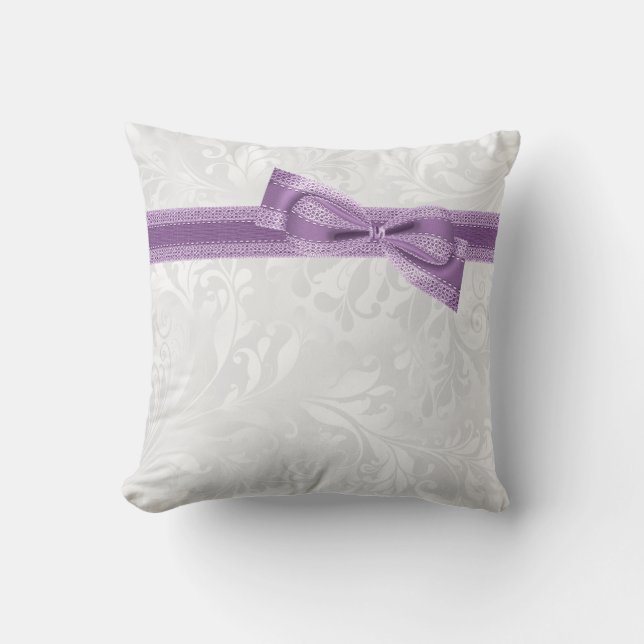 Almofada Elegante Faux Bow de Roxo & Fita & Damasco (Frente)