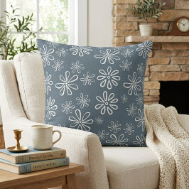 Almofada Elegante Floral Azul Xisto e Branco