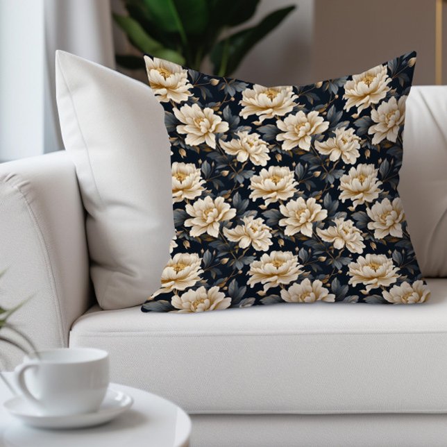 Almofada Elegante Floral Creme Azul-marinho Preto (Cream-colored floral on black decorator pillow)
