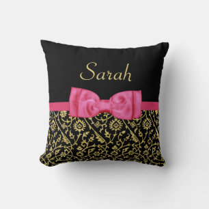 Almofada Elegante Floral Damasco Preto Dourado com Laço Ros
