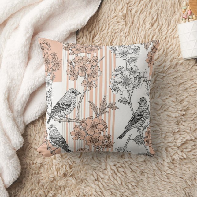 Almofada Elegante Floral de Ave com Listras de Pêssego (1) (Cobertor)