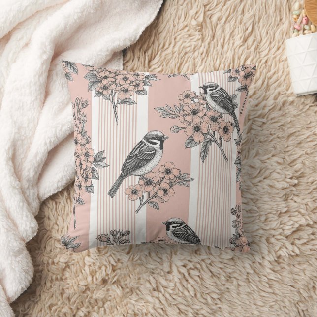 Almofada Elegante Floral de Pássaro com Listras de Pêssego  (Cobertor)