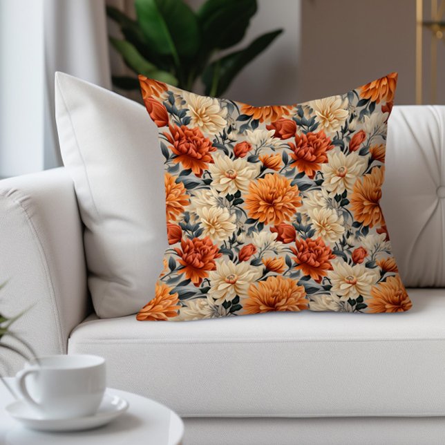 Almofada Elegante Floral Laranja Creme Azul Turquesa (Burnt orange and cream watercolor floral decorator pillow)