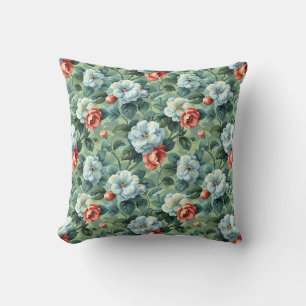 Almofada Elegante Floral Vintage Azul e Coral