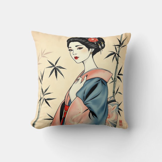 Almofada Elegante Geisha com Padrões de Bambu e Tinta (Frente)