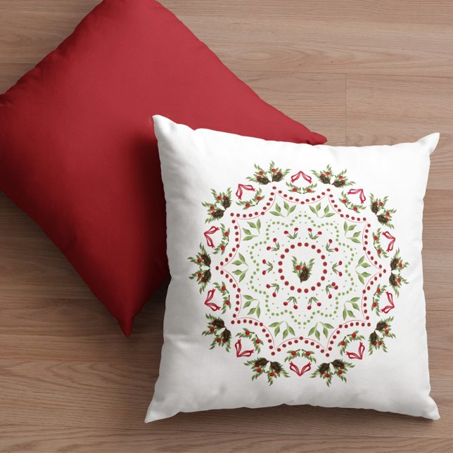 Almofada Elegante Holly Pinecone Holiday Mandala Natal (Christmas simple holiday wreath mandala decorative throw pillow)