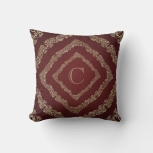 Almofada Elegante Letra C Monograma em Burgundy e Dourado