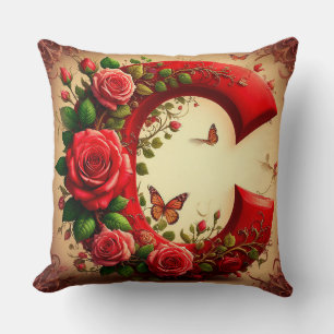 Almofada Elegante letra C vermelha por Rosas e Borboleta
