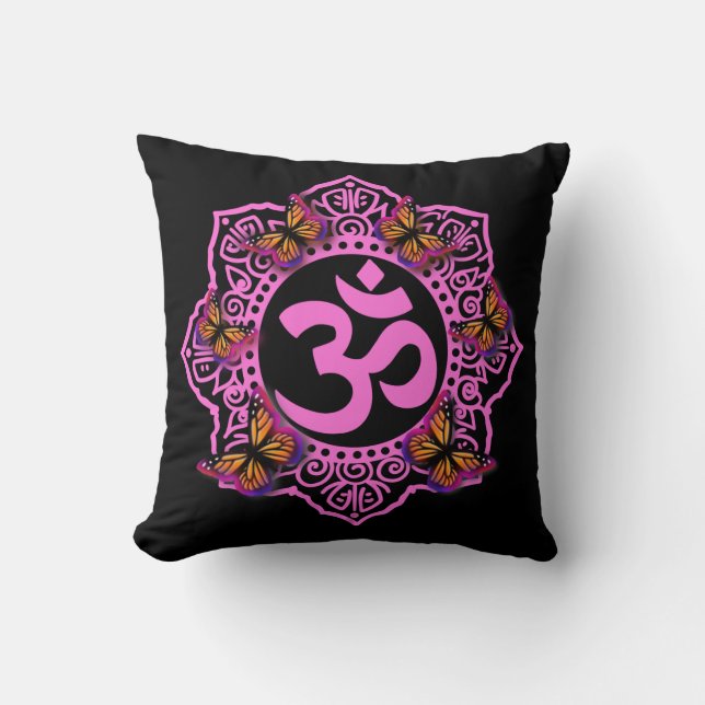 Almofada Elegante mandala ohm rosa borboletas roxas (Frente)