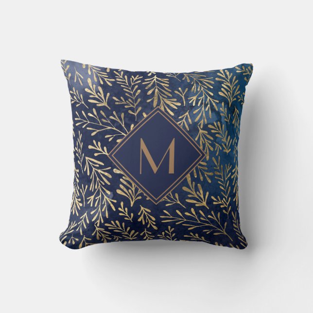 Almofada Elegante Marinho Azul Dourado Aquarela Deixa Monog (Frente)