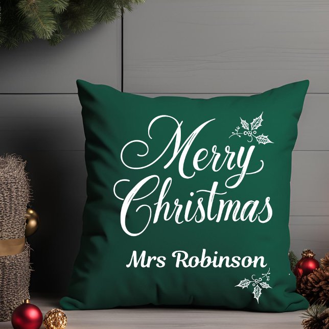 Almofada Elegante Merry Christmas Custom Name Holly Berries (Criador carregado)