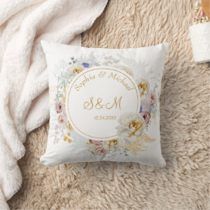 Almofada Elegante Moderno Monograma Floral Dourado Casament