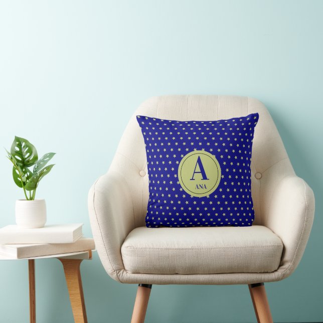 Almofada Elegante Monograma com Estrelas em Dourado e Azul (Cadeira)