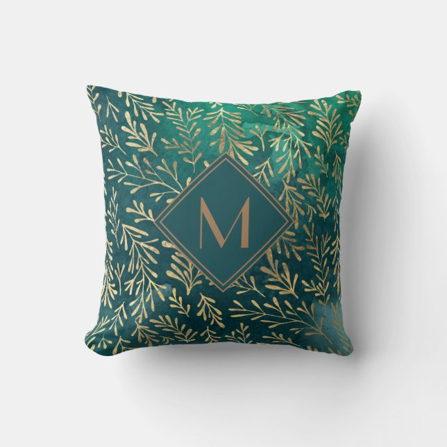 Almofada Elegante Monograma de Folhas de Ouro em Verde Esme (Frente)