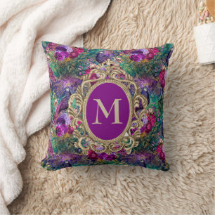 Almofada Elegante Monograma Dourado Floral Pavão Roxo Azul