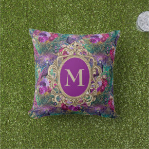 Almofada Elegante Monograma Dourado Floral Pavão Roxo Azul