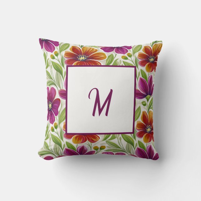 Almofada Elegante Monograma Floral de Primavera Chic (Frente)