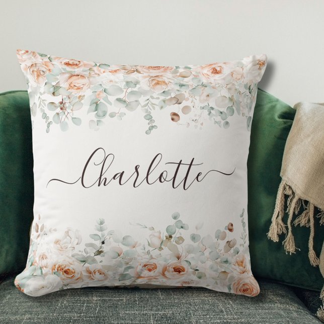 Almofada Elegante Monograma Rosa Floral Verde Russo (In situ)