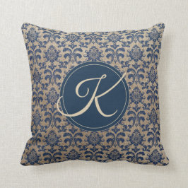 Almofada Elegante Monograma Tan e Blue Damask