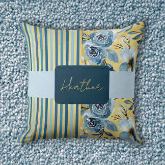 Almofada Elegante Monograma Vintage Floral Listrado Azul Do