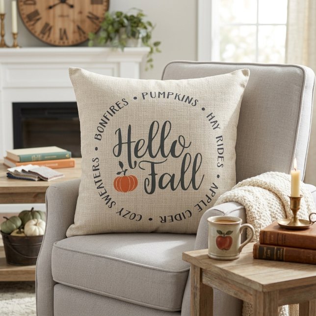 Almofada Elegante Olá Outono Clássico (Stylish Hello Fall Classic Autumn Throw Pillow.  Bonfires, Pumpkins, Hay Rides, Cozy Sweaters, Cider)