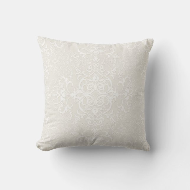 Almofada Elegante padrão de damasco branco sobre bege claro (Frente)
