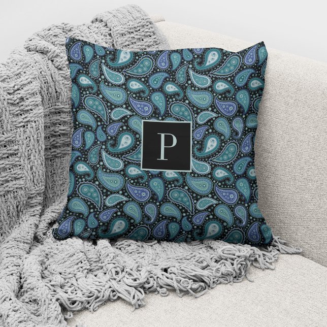 Almofada Elegante Padrão de Paisley Azul Monogramado Retro (Criador carregado)