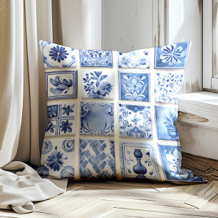 Almofada Elegante padrão floral vintage azul Delft Holandês