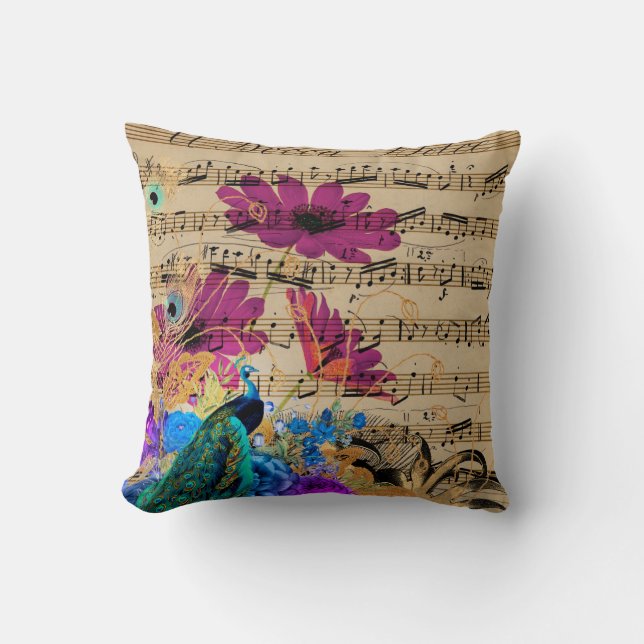 Almofada Elegante Partitura Musical Floral Roxa Pavão Azul (Frente)