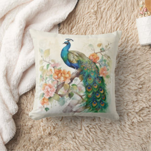 Almofada Elegante Pavão Azul Flores Rosa Creme