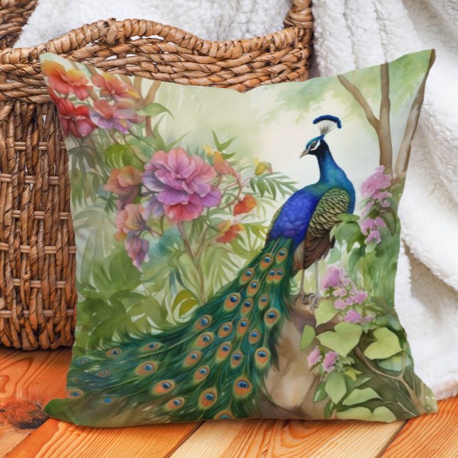 Almofada Elegante Pavão Azul Verde Flores Rosa Floresta (Elegant blue and teal peacock decorator pillow)