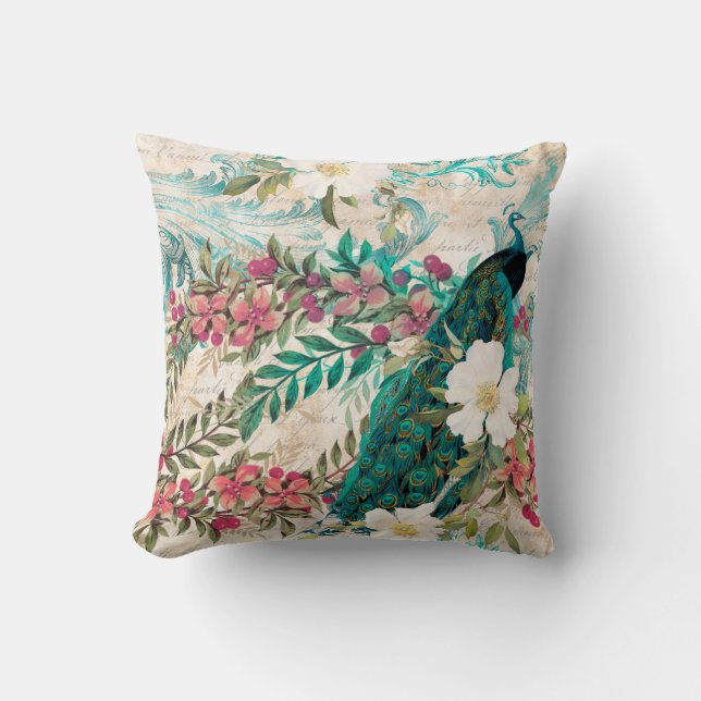 Almofada Elegante Pavão Floral Rosa Verde Água Branco (Frente)