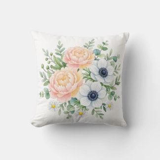Almofada Elegante peônia em aquarela e floral de anemona br