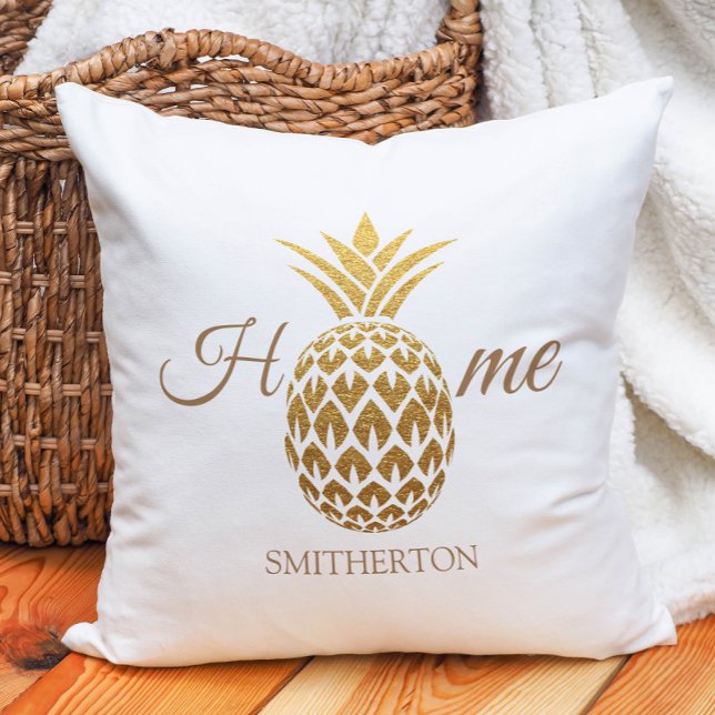 Almofada Elegante Pineapple Dourado Moderno Branco Casa (Gold and white pineapple "Home" pillow)