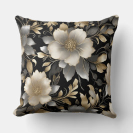 Almofada Elegante Preto Cinza Dourado Creme Impressão Flora