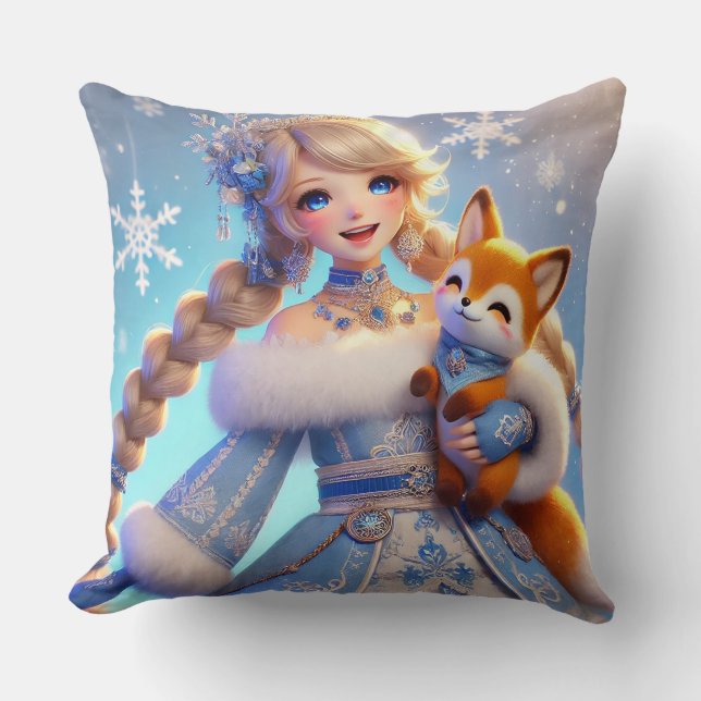 Almofada Elegante Princesa de Inverno Segurando uma Raposa  (Frente)