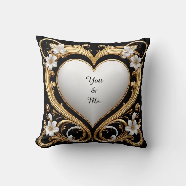 Almofada Elegante Quadro de Coração Dourado Com Flores Bran (Frente)