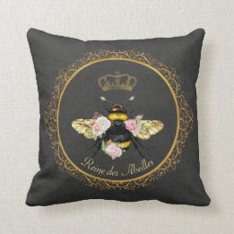 Almofada Elegante Rainha Abelha Francesa Rosas Rosa Cinza D