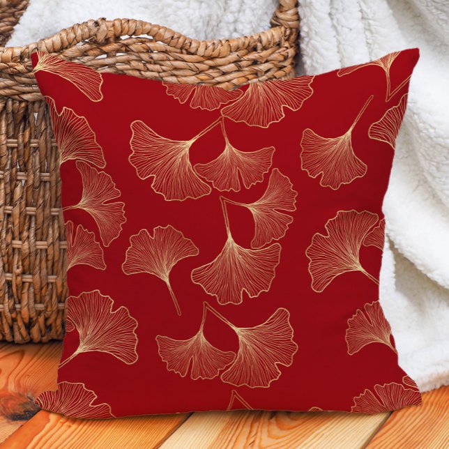 Almofada Elegante Red Dourada Ginko Folhas (Elegant red and gold ginko pillow)
