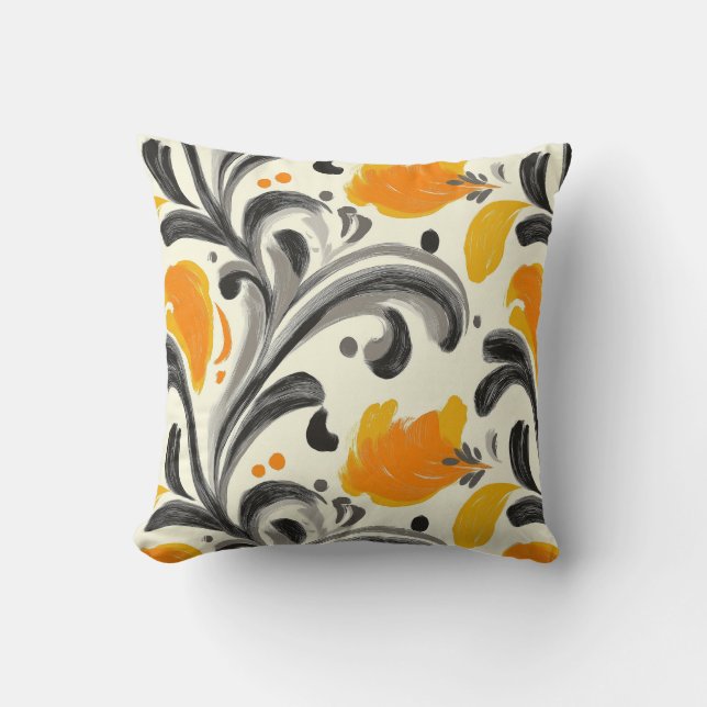Almofada Elegante Rococo Inspirava Design Laranja e Preto (Frente)