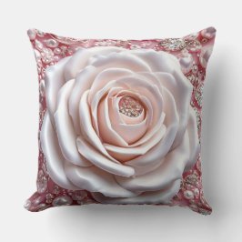 Almofada Elegante Rosa Branca e Pérolas Rosa Brilhantes
