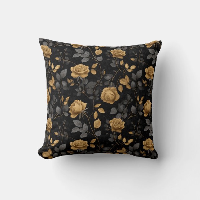 Almofada Elegante Rosa com Acento Dourado Padrão Floral Pre (Frente)