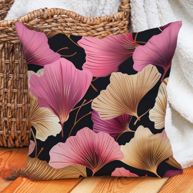 Almofada Elegante rosa Dourada Ginko deixa preto (Elegant pink and gold ginko on black decorator pillow)